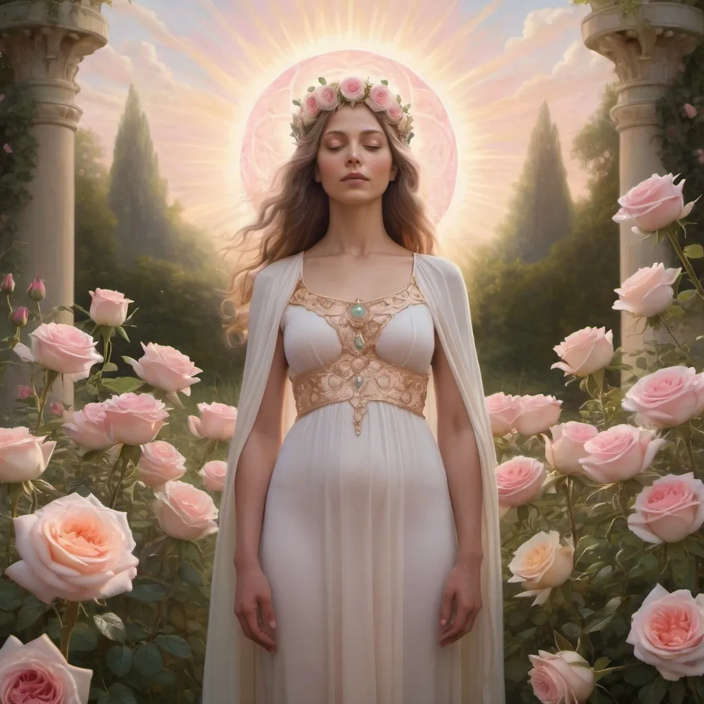 Prompt: Divine Feminine standing in a field of pastel Roses, garden temple,  Beautiful, goddess crown, Woman, All Races,  Female, Birth of creation, Mother Earth,  Ethereal, Renaissance Painting, holy light
