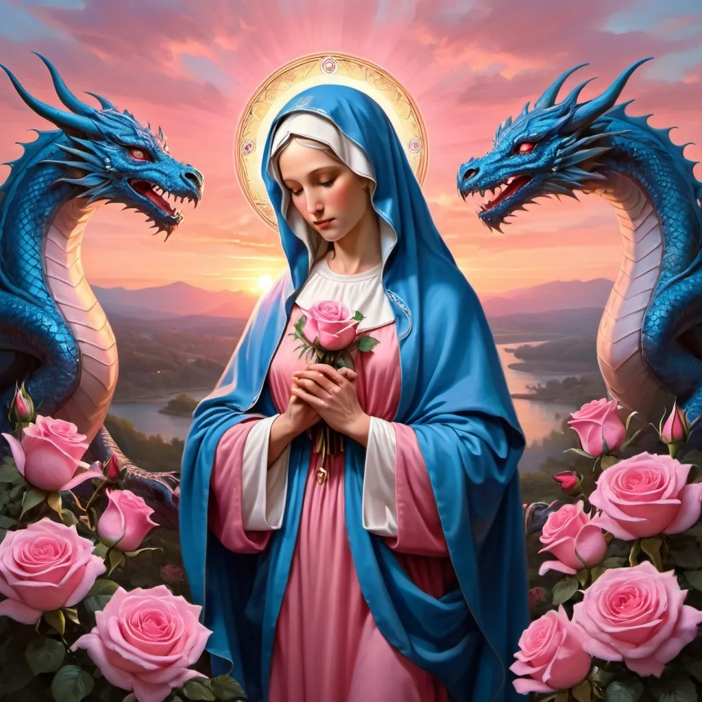 Prompt: Mother mary with roses , holy light, dragon , pink sunset , blue robe , 
