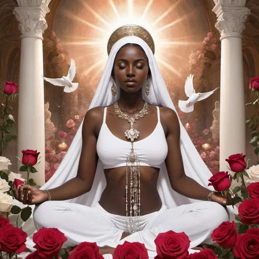 Prompt: holy sophia dark skinned, holy grail, goddess, roses, women, heaven, love, crystals, dove, love, fountain, yoga
