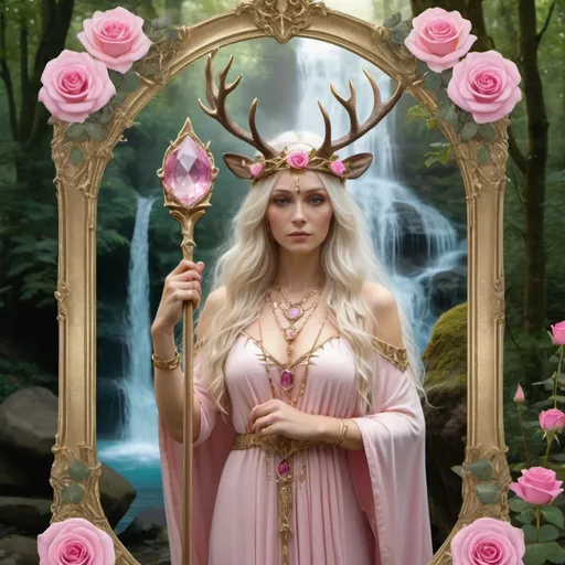 Prompt: druidess priestess,wearing a stag crown,  pink rose garden , fairies and crystals, waterfall, trees, holding a staff and crystal, gold frame
