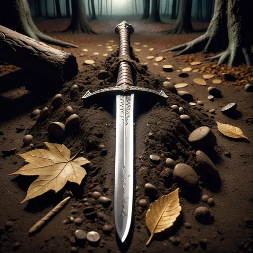 Prompt: Photorealism of robin hood's sword, made of wood, and really dirt,on the ground with dirt and leaves around, and coins, foot steps on the dirt, a blood on the ground, night, dark forest, and a dirt hood on the right on the ground, camera tilted 30° to the left, end of story