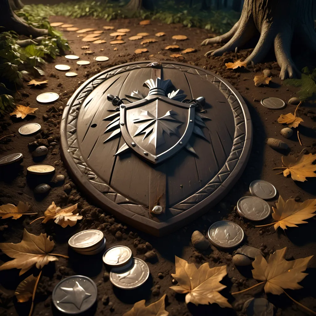 Prompt: Photorealism of robin hood's shield, made of wood, on the ground with dirt and leaves around, and coins, foot steps on the dirt, a blood on the ground, night light, dark forest