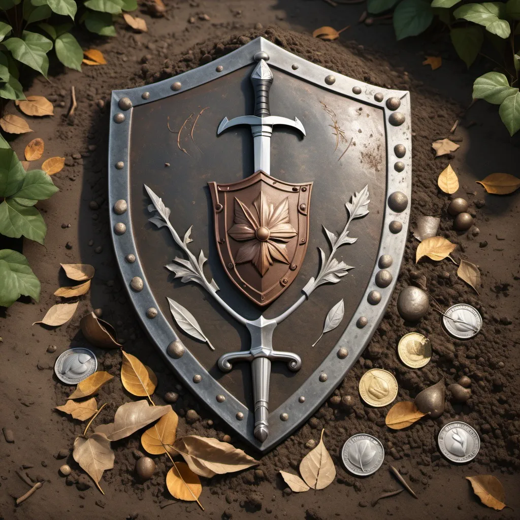 Prompt: Photorealism of robin hood's shield on the ground with dirt and leaves around, a sword, and coins, foot steps on the dirt 