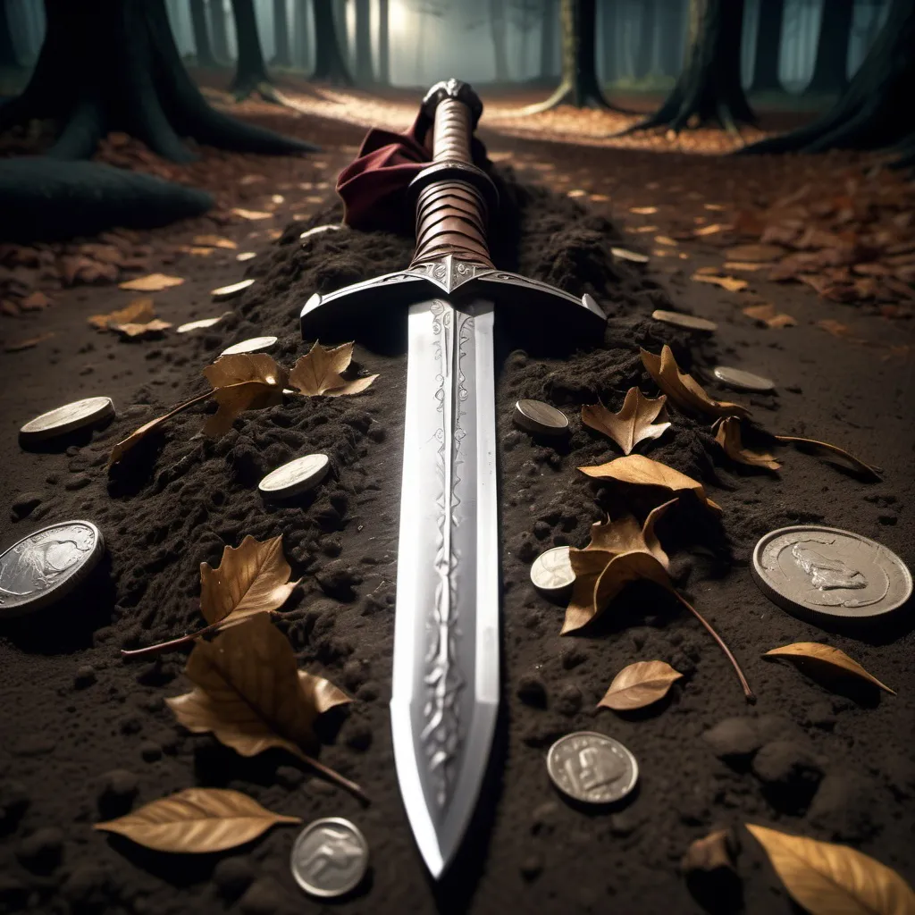 Prompt: Photorealism of robin hood's sword, made of wood, and really dirt,on the ground with dirt and leaves around, and coins, foot steps on the dirt, a blood on the ground, night, dark forest, and a dirt hood on the right on the ground, camera tilted 30° to the left, end of story