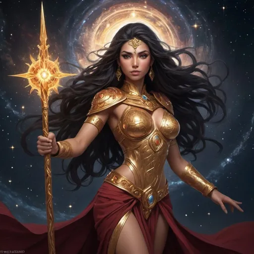 Prompt: Appearance: Tara has long, flowing hair as dark as the night sky, with streaks of deep crimson resembling the glow of distant stars. Her eyes shimmer with a golden hue, reflecting the warmth and intensity of her inner power. She possesses an aura of strength and determination, with features that exude confidence and resilience.

Attire: Tara wears armor crafted from celestial alloys, adorned with intricate designs reminiscent of constellations and galaxies. Her attire is both practical and elegant, allowing for fluid movement while also providing protection in battle. She carries herself with a regal bearing, her presence commanding attention and respect.

Symbolism: Tara's appearance symbolizes the fiery energy and strength of the cosmos, as well as the power and intensity of celestial bodies like stars and supernovae. Her dark hair represents the depths of space, while her golden eyes signify the radiant energy that fuels the universe.

Pose: Tara stands tall and proud, her stance strong and unwavering. She holds a staff or spear made from celestial materials, its surface adorned with symbols of power and authority. Her expression is focused and determined, reflecting her commitment to defending the cosmos from darkness and chaos.

Background: Behind Tara, the night sky blazes with the light of a thousand stars, casting a warm glow that illuminates her powerful presence. Wisps of energy dance around her, swirling like cosmic winds, adding to the sense of dynamism and vitality.