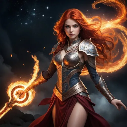 Prompt: Attire: Aria wears armor forged from celestial metals, adorned with intricate designs that resemble flames and stars. Her attire is both practical and elegant, allowing for freedom of movement while also conveying her status as a powerful warrior.

Symbolism: Aria's appearance symbolizes the passion and intensity of fire, as well as the transformative power of heat and energy. Her fiery hair and eyes represent her connection to the element of fire and the stars that fuel its flames.

Pose: Aria stands with confidence and determination, her stance strong and assured. She holds a flaming sword or staff in one hand, ready to wield it against any who would threaten the balance of the cosmos. Her expression is focused and resolute, reflecting her unwavering commitment to her mission.

Background: Behind Aria, the sky burns with the light of a thousand stars, casting a warm glow that illuminates her fiery presence. The air crackles with energy, and wisps of smoke and flame dance around her, adding to the sense of power and intensity.