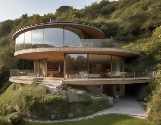 Prompt: A wooden two-level house on a gentle hill, upper level featuring a circular design with a large, transparent glass window, lower level being a spacious rectangular shape, twice the size, half-buried in the hill. A charming terrace beside the circular upper space acts as the roof of the lower floor. An elongated glass window creates a view of a garden, with a lap pool, ultra-detailed.