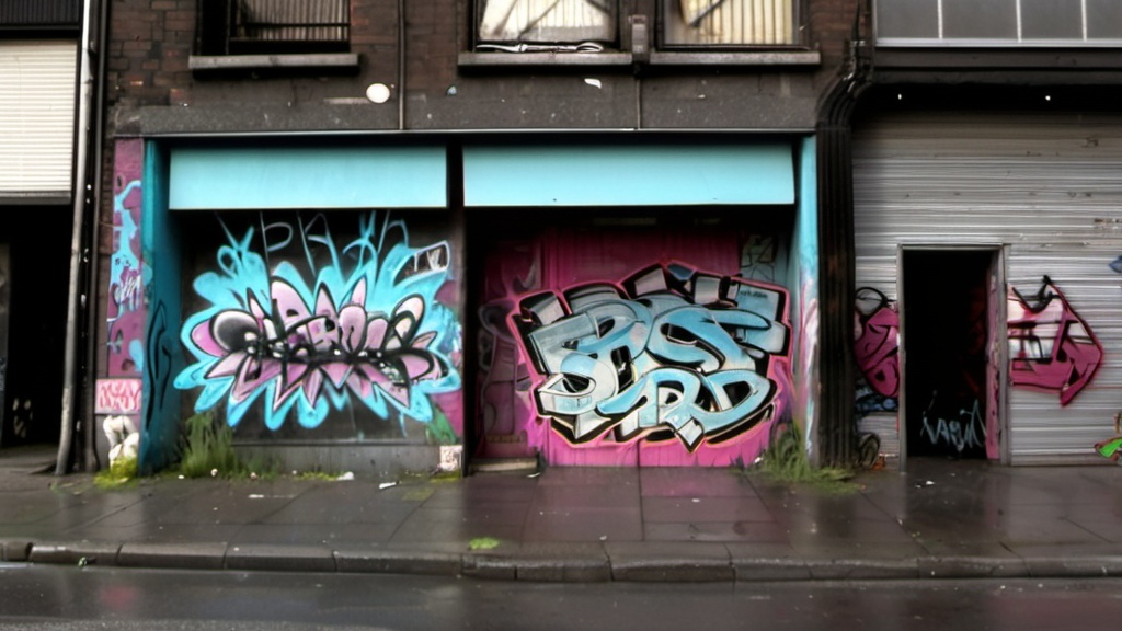 Prompt: entrance to an abandoned and graffiti covered shop front with squatters running illegal businesses from a dark back alley in a large city