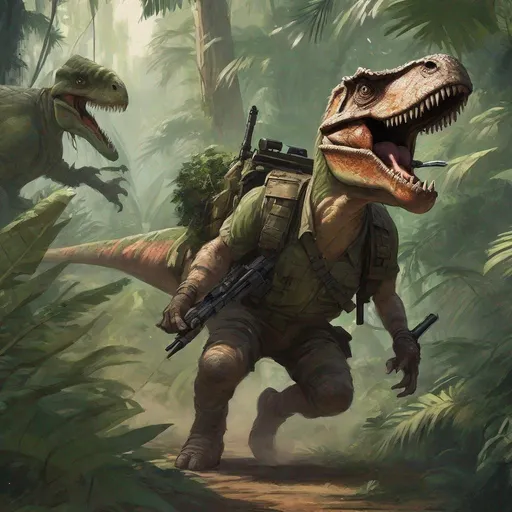 Prompt: 
A scrawny, feathered dinosaur with a limp desperately sprints through a dense jungle, a human soldier in camo aiming a smoking rifle at its back.