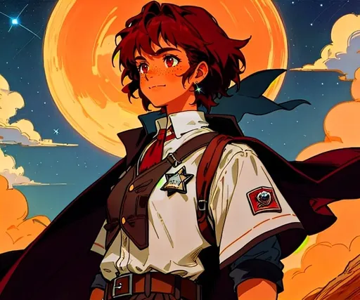 Prompt: Vivid close-up portrait of a resolute Wild West sheriff stargazing in the frontier wilderness, tough ethnic Breton woman, rapt expression, very short ruffled dark red hair, freckles, mild sunburn, stark garnet red eyes, tall, powerful build, extremely athletic, wearing a tan leather vest, large trousers, big belt, holsters, sheriff's badge, hilly forest ridge, starry night sky, meteor shower