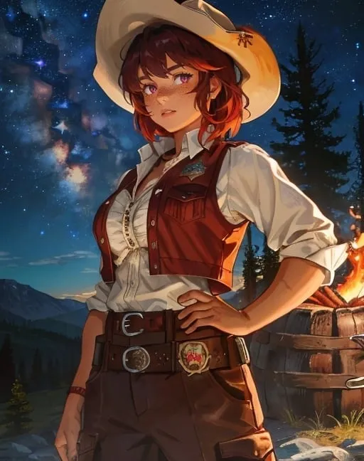 Prompt: Laconic Wild West sheriff camping in the frontier wilderness, tough ethnic Breton woman, very short ruffled dark red hair, freckles, mild sunburn, fiery garnet eyes, tall, powerful build, extremely athletic, wearing a tan leather vest, large trousers, big belt, sheriff's badge, hilly forest ridge, campfire, starry night sky