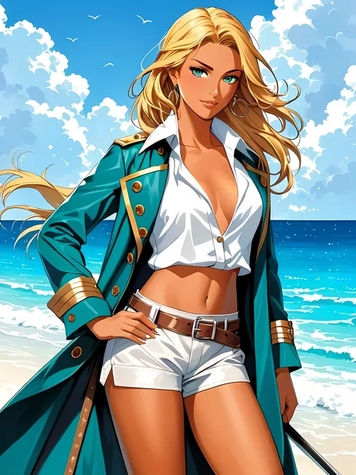 Prompt: Intricate close-up of a leisurely pirate captain taking in the salty sea breeze, charismatic female Italian buccaneer, haughty attitude, smug countenance, squinting, long gold blonde hair, deeply tan, sunburnt skin with freckles, shimmering teal eyes, tall, lean physique, slim, lithe figure, svelte build, wearing a weathered black trenchcoat, white chemisette blouse, tan shorts, long leather boots, accessories