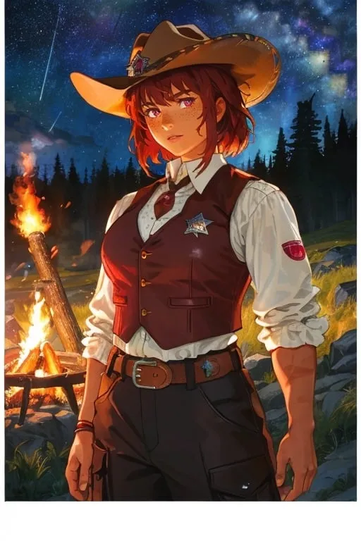 Prompt: Laconic Wild West sheriff camping in the frontier wilderness, tough ethnic Breton woman, very short ruffled dark red hair, freckles, mild sunburn, fiery garnet eyes, tall, powerful build, extremely athletic, wearing a tan leather vest, large trousers, big belt, sheriff's badge, hilly forest ridge, campfire, starry sky