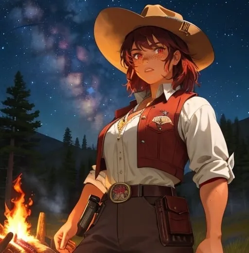 Prompt: Fierce Wild West sheriff camping in the frontier wilderness, tough ethnic Breton woman, very short ruffled dark red hair, freckles, mild sunburn, stark garnet red eyes, tall, powerful build, extremely athletic, muscular, wearing a tan leather vest, large trousers, big belt, holsters, sheriff's badge, hilly forest ridge, campfire, starry night sky