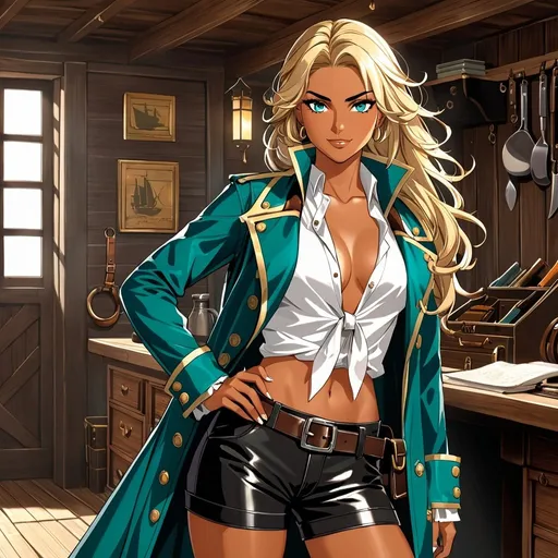 Prompt: Portrait of a leisurely pirate captain planning a raid in her quarters, charismatic female Italian buccaneer, haughty attitude, smug countenance, long gold blonde hair, deeply tan, sunburnt skin with freckles, shimmering teal eyes, tall, lean physique, slim, lithe figure, wearing a weathered black trenchcoat, white chemisette blouse, short shorts, suspenders, tall leather boots