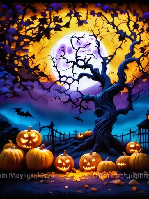 Prompt: (twisted skeletal tree), pumpkins hanging on branches, (purple and blue sky), large yellow full moon, eerie ambiance, ethereal lighting, stark contrasts, high-detail, ultra-detailed composition, dramatic shadows, vibrant color contrasts, atmospheric depth, seasonal fall aesthetic, mystical mood, perfect for a Halloween theme.