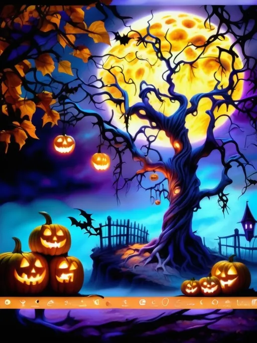 Prompt: (twisted skeletal tree), pumpkins hanging on branches, (purple and blue sky), large yellow full moon, eerie ambiance, ethereal lighting, stark contrasts, high-detail, ultra-detailed composition, dramatic shadows, vibrant color contrasts, atmospheric depth, seasonal fall aesthetic, mystical mood, Halloween tree.