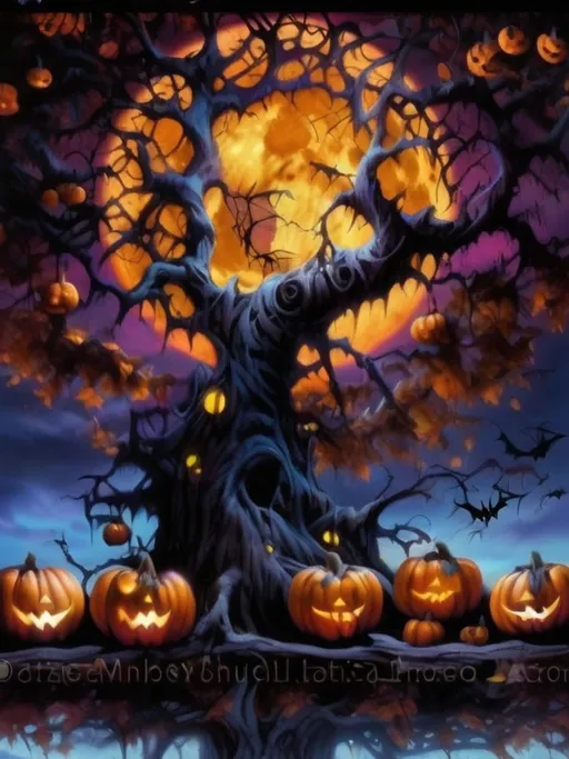 Prompt: (twisted skeletal tree), pumpkins hanging on branches, (purple and blue sky), large yellow full moon, eerie ambiance, ethereal lighting, stark contrasts, high-detail, ultra-detailed composition, dramatic shadows, vibrant color contrasts, atmospheric depth, seasonal fall aesthetic, mystical mood, perfect for a Halloween theme.