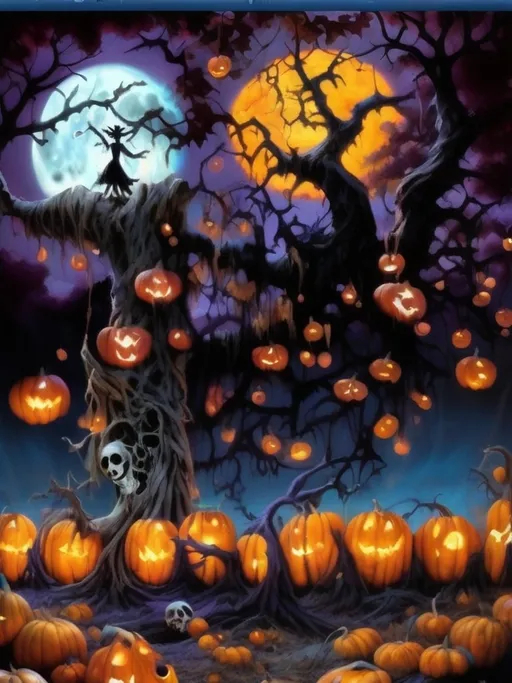 Prompt: (twisted skeletal tree), pumpkins hanging on branches, (purple and blue sky), large yellow full moon, eerie ambiance, ethereal lighting, stark contrasts, high-detail, ultra-detailed composition, dramatic shadows, vibrant color contrasts, atmospheric depth, seasonal fall aesthetic, mystical mood, perfect for a Halloween theme.