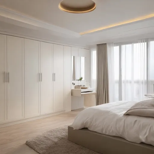 Prompt: a modern luxury bedroom with white ivory themed, clean cut wardrobe at the left side, side table that connect with the wardrobe with vanity and windows at the right side, floor with neutral wood color and statement ceiling
