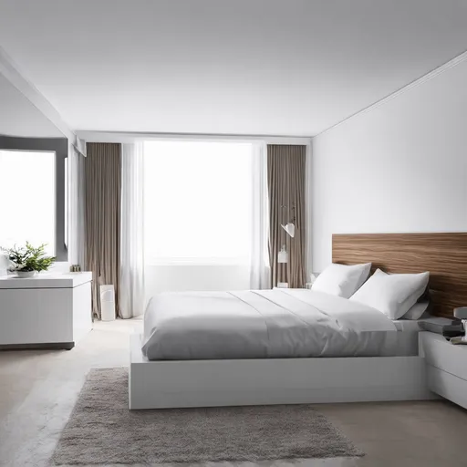 Prompt: a bedroom render with white theme, clean cut furniture, modern, minimalist concept, with a touch of wood and curve edges, luxury backdrop and vanity, with side windows
