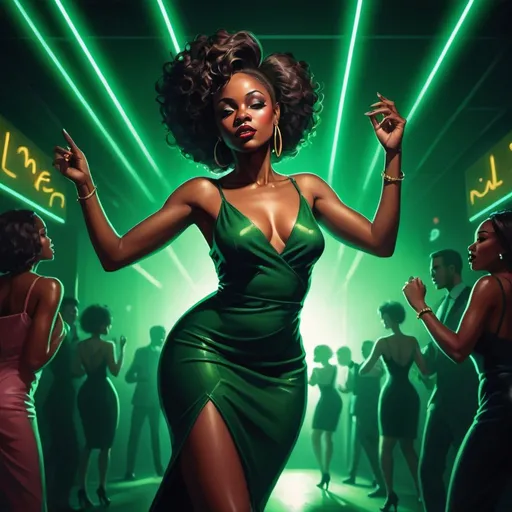 Prompt: In a dimly lit club, a mysterious and confident black woman dance under neon lights, drawing in the crowd, reflecting the essence of "Maneater." she is wearing a dark green dress. will be used for flyer design for a friday night party.






