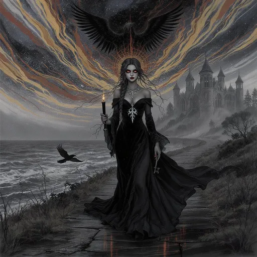 Prompt: résumé final des éléments clés de l'illustration "Tatiana, la Passeuse d'Âmes" :

Cadre : Sentier d'ardoise mouillée sous un ciel tourmenté avec des éclats d'ocre et de plomb.
Personnage principal : Tatiana, vêtue d'une robe noire, avec une tresse complexe, un pendentif en forme de corbeau en argent, et des yeux soulignés de khôl. Elle tient une bougie noire et une clef d'ivoire.
Environnement : Mer battante, pins noueux, abîme sombre, brume légère, et un manoir ancien brisé dans le lointain.
Détails supplémentaires : Une mésange à tête noire vole devant Tatiana, et des ombres bougent derrière les vitres ternies du manoir. Ajout de reflets rouge bourgogne dans les flaques d'eau et des détails des vêtements de Tatiana.
Couleurs dominantes : Noir, gris foncé, violet profond, rouge bourgogne, avec des accents de blanc argenté.