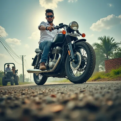 Prompt: A young man confidently poses on a vintage motorcycle, donning stylish sunglasses and a crisp white shirt that contrasts sharply with the dark hues of the bike's body. The scene is set on a rural road, where the ground is uneven and gravelly, flanked by lush greenery and a modest brick wall in the background. Behind him, a tractor can be seen, with a man calmly riding a horse, hinting at a lively yet tranquil countryside atmosphere. Sunlight casts a gentle glow, highlighting the subject's determined expression as he sits comfortably on the bike, suggesting a sense of freedom and adventure. The entire composition conveys a harmonious blend of modern style amidst rustic charm, capturing a moment of youthful exuberance.