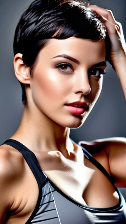 Prompt: Realistic photo, high resolution, super detailed, beautiful young brunette woman with short black hair, athletic body, correct anatomy, perfect face, perfect eyes, perfect nose, perfect mouth, perfect arm, perfect hand, perfect finger, perfect leg, perfect foot, short sports clothes.