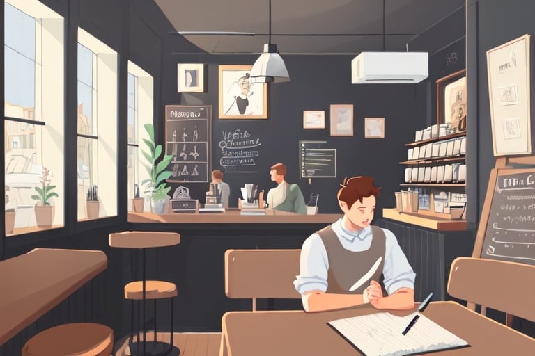 Prompt: quaint coffee shop, focusing on a young man, Aiden, sitting by the window, sketching in his notebook