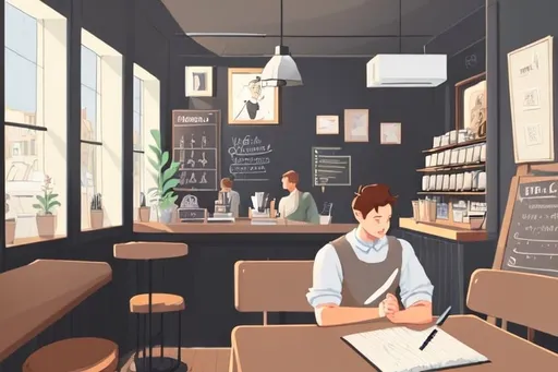 Prompt: quaint coffee shop, focusing on a young man, Aiden, sitting by the window, sketching in his notebook