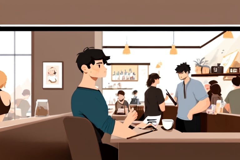 Prompt: Aiden male, a shy and talented artist, spent most of his days sketching strangers, capturing moments of beauty in the ordinary inside a coffee shop make the coffee shop the same from the first photo