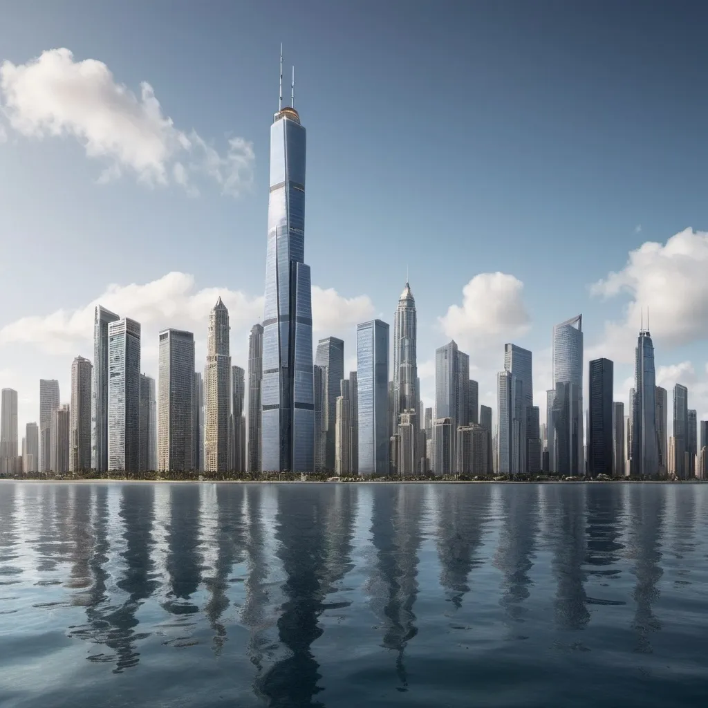 Prompt: Large City Supertall Skyline on the ocean

