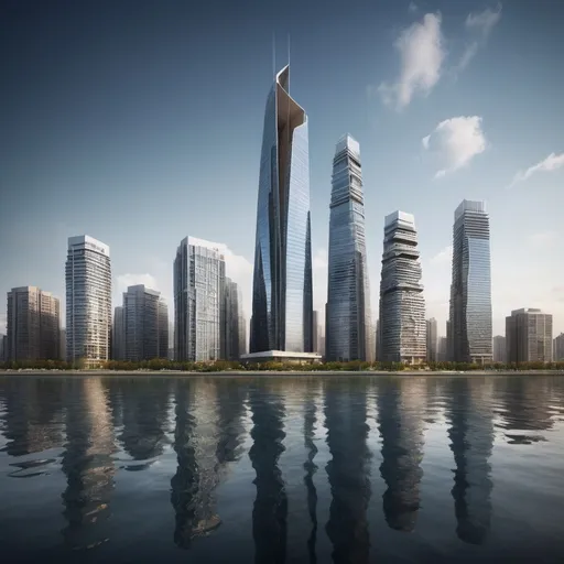 Prompt: contemporary water front skyline with Unique supertall skyscraper

