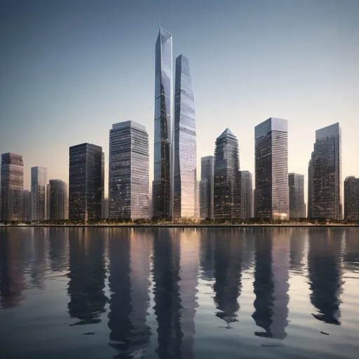 Prompt: contemporary water front skyline with supertall skyscraper

