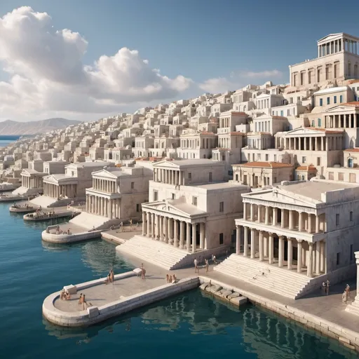 Prompt: Large water front City built from Classical Greek Architecture 