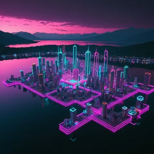 Prompt: Large Neon City on a Lake
