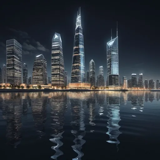 Prompt: contemporary water front skyline with Unique supertall skyscraper

