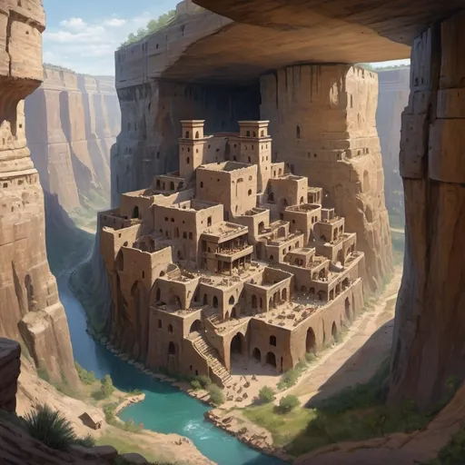 Prompt: Large Cliff Dwelling City in a gorge
