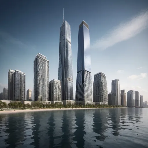 Prompt: contemporary water front skyline with supertall skyscraper

