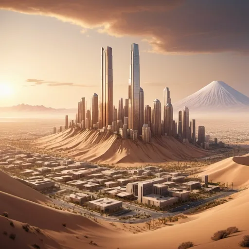 Prompt: Large Modern Desert City with a Dormant Volcano