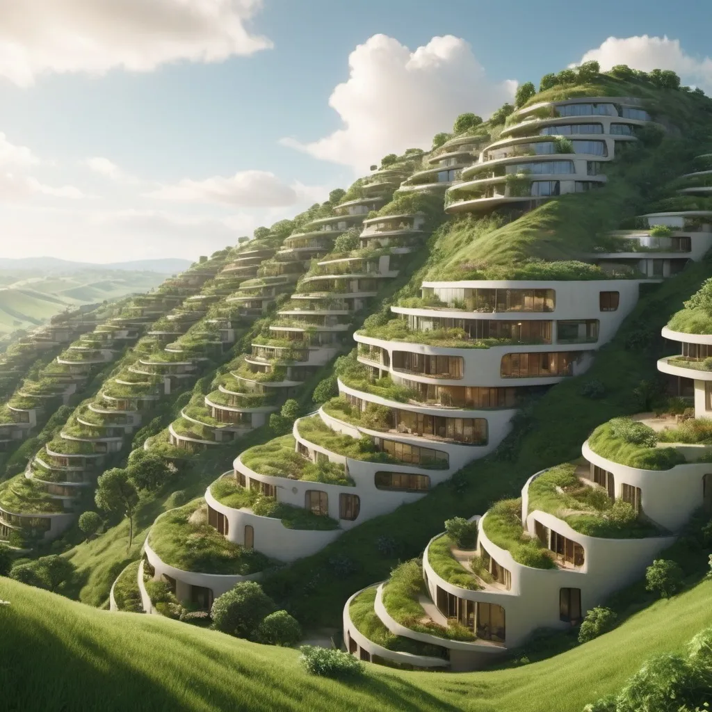 Prompt: Earth Bermed city in rolling hills


