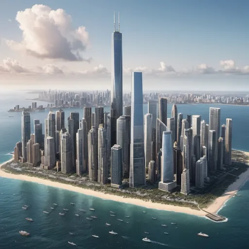 Prompt: Large City with multiple Supertall Skyline on the ocean

