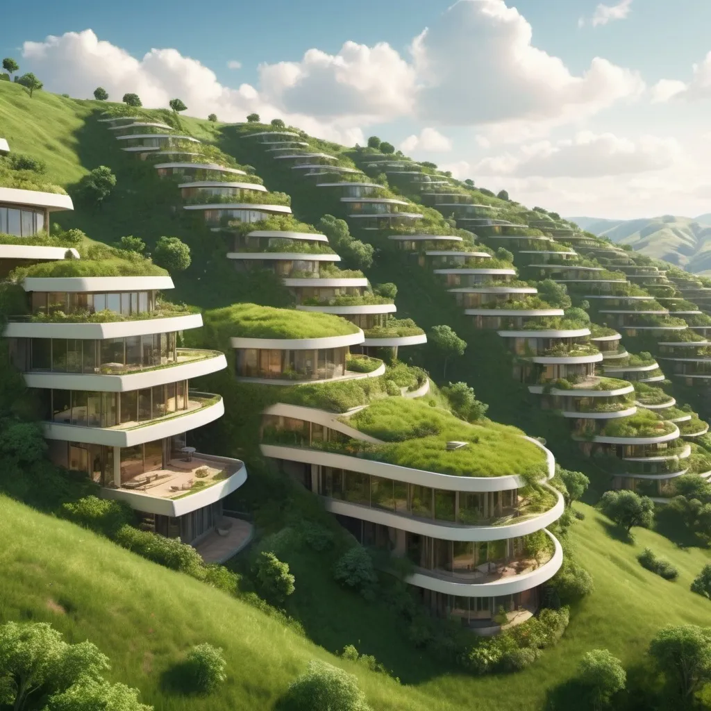 Prompt: Earth Bermed city in rolling hills


