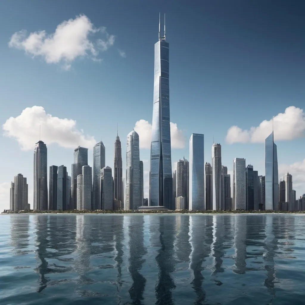 Prompt: Large City Supertall Skyline on the ocean

