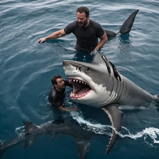 Prompt: man is in the middle of the ocean holding a big shark