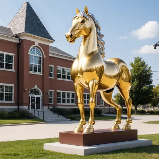 Prompt: a gold and silver  horse stachue next to a cartoon school

