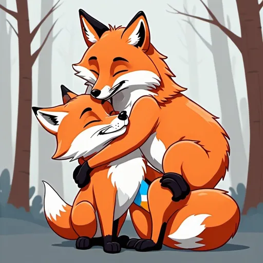 Prompt: show a fox hugging a wolf cartoon like

