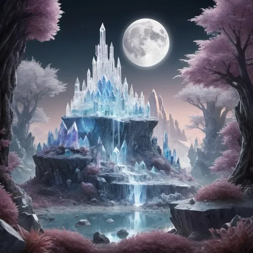 Prompt: a crystal kingdom with a crystal moon