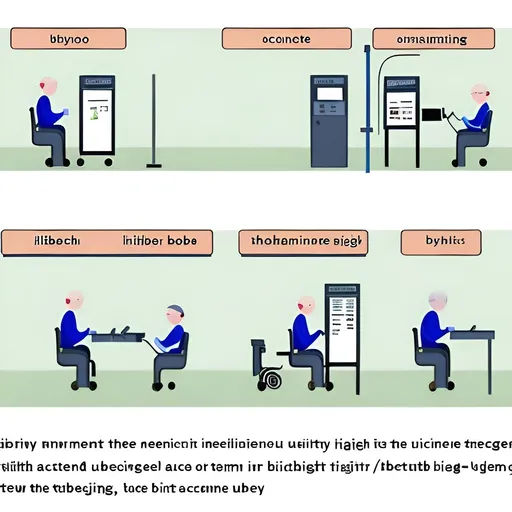 Prompt: illustrate the mentioned below desired improvements to bibliotheca Self-service Book Borrowing and Returning System at Library:

1.	Physical Accessibility:
Ergonomic Design: Redesign the machine for better reach and usability by wheelchair users.
Height Adjustment: Implement an adjustable screen height for various user heights and wheelchair accessibility.
Clear Pathways: Ensure ample space around the machine for easy approach and maneuvering by users with mobility aids.

2.	Visual Accessibility:
Braille Integration: Incorporate Braille labels for touchpoints and instructions to aid users with visual impairments.

3.	Auditory Accessibility:
Audio Feedback: Include audio instructions or feedback for users with visual impairments or those who prefer auditory guidance.
Voice Commands: Enable voice command options to navigate through the interface for users with mobility or visual challenges.

4.	Tactile Accessibility:
Textured Controls: Implement tactile features like buttons with varying textures for users with tactile sensitivity or visual impairments.

5.	Assistance Options:
Assistance Button: Include a prominent and easily accessible assistance button for users requiring help or guidance.
On-Demand Support: Enable a communication channel (audio or visual) for users to connect directly with library staff or volunteers.

6.	Privacy and Independence:
User Privacy: Ensure a private and comfortable interaction space that doesn’t compromise user privacy while using the machine.
Independent Transactions: Facilitate users in completing borrowing or returning processes autonomously, minimizing reliance on external assistance.

7.	Efficiency and Ease of Use:
Streamlined Workflow: Simplify the user journey, minimizing steps and complexities in the borrowing and returning process.
Quick Transactions: Design the interface for swift and straightforward interactions, catering to users with diverse disabilities.